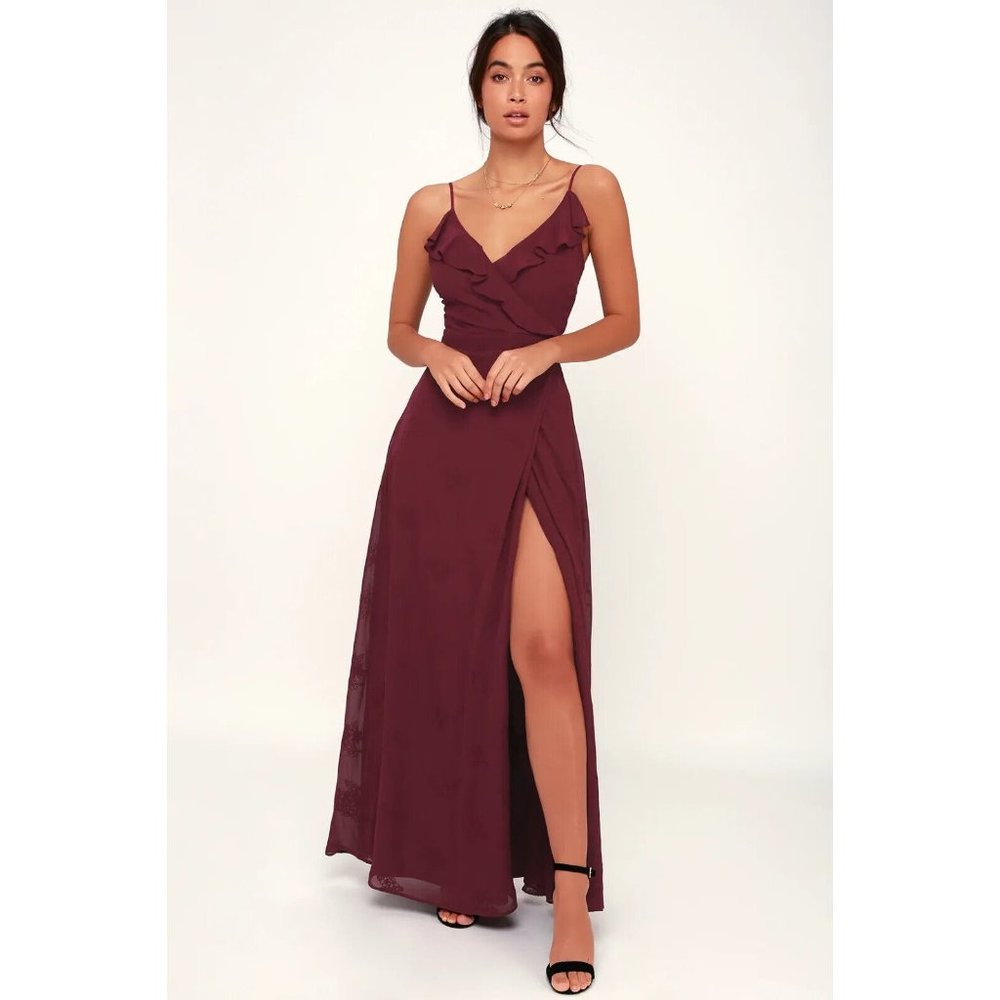 Lulus Maxi Dress Burgundy V Neck Ruffle Flutter Embroidered NWT
